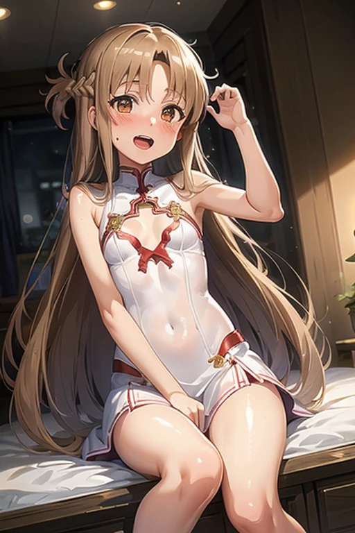 ((Highest quality)), ((masterpiece)), (be familiar with), Perfect Face, indoor, Bedroom, Watching the audience,
One woman, Yuuki Asuna,
Open Mouth, Ecstatic expression, blush, smile,
Small breasts, Flat Chest, , , child, Girl,
Long Hair, Long Hair,
Leg spread,