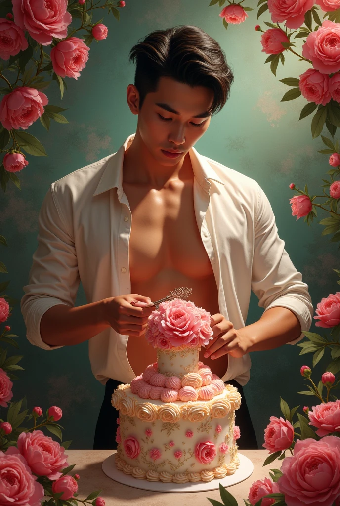 Naked Korean man with big dick walk in the wedding,sexy pose, look away from audiences, oppa, Korean idol, tall and handsome, perfect dick, flawless dick, big erected dick, erection, hard dick, perfectly flawless dick, perfect penis, perfect testicle, big flowers bouquet in his left hand, big dick , horse dick