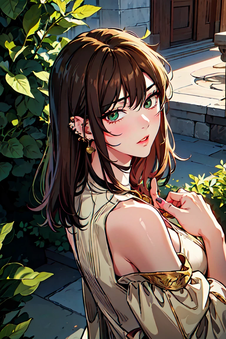 ((masterpiece, best quality, ultra-detailed, high resolution, extremely detailed CG, super detailed, Beautiful human body modeling, Most beautiful clean lighting)), yard background, backgroun with a foutain and hedges, 1 small woman, full body, seductive face, blushing, siren eyes, fox eyes, mean eyes, tsundere, beautiful eyes, small chest, enticing, extremely detailed face, adult face, green emerald eyes, foxy mature eyes, adult milf eyes, extremely detailed eyes, eyeliner, long eyelashes, full lips, brown hair, (straight hair, straight bangs, shoulder length hair, hair cut at her shoulders, medium length hair, medium short hair), hourglass body, large hips, big butt, fat ass, thick thigs, pierced ear, piercing on ears, pretty hands, perfect hands, detailed hand, green nails, green lingerie, gold jewellery, elegant, looking at viewer, romantic atmosphere, seductive look, shy, defenseless, feverish