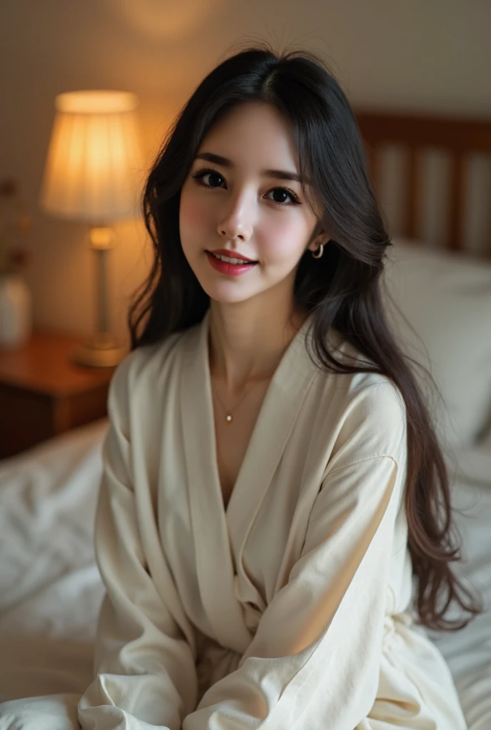 masterpiece、4K、top-quality、beautiful Korean women、detail portrayal、1 girl in、23years old、(s Pajamas、Cover with a blanket:1.3)、(Very light makeup:1.2)、(filmg, Ilford HP5, 80mm)、 depth of fields、cowboy shot、ssmile、morning