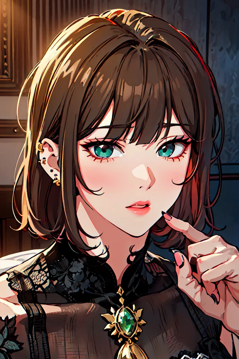 ((masterpiece, best quality, ultra-detailed, high resolution, extremely detailed CG, super detailed, Beautiful human body modeling, Most beautiful clean lighting)), 1 small woman, full body, seductive face, blushing, siren eyes, fox eyes, mean eyes, tsundere, beautiful eyes, small chest, enticing, extremely detailed face, adult face, green emerald eyes, foxy mature eyes, adult milf eyes, extremely detailed eyes, eyeliner, long eyelashes, full lips, brown hair, (straight hair, straight bangs, shoulder length hair, hair cut at her shoulders, medium length hair, medium short hair), hourglass body, large hips, big butt, fat ass, thick thigs, pierced ear, piercing on ears, pretty hands, perfect hands, detailed hand, green nails, black royal lingerie, gold jewellery, elegant, looking at viewer, romantic atmosphere, seductive look, shy, defenseless, feverish