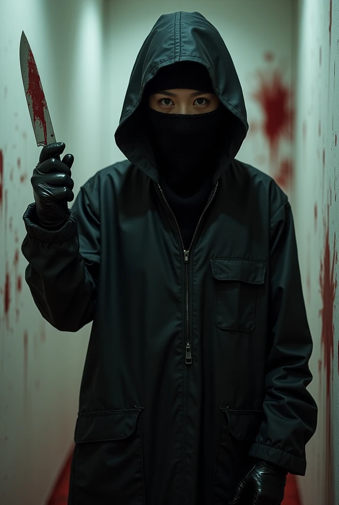 korean girl, (behind corpse, balaclava), holding knife, stabbing, black gloves, room full of blood, black raincoat, 20 years old girl, big tits, glamorous, hood up, holding knife, black gloves, behind corpse, looking at viewer, blood splatter, bondage, bed room, black wet suit, night, mass murderer, killer, robbery, dark atmosphere, cinematic lighting, atmospheric realistic, light from the window close-up,
