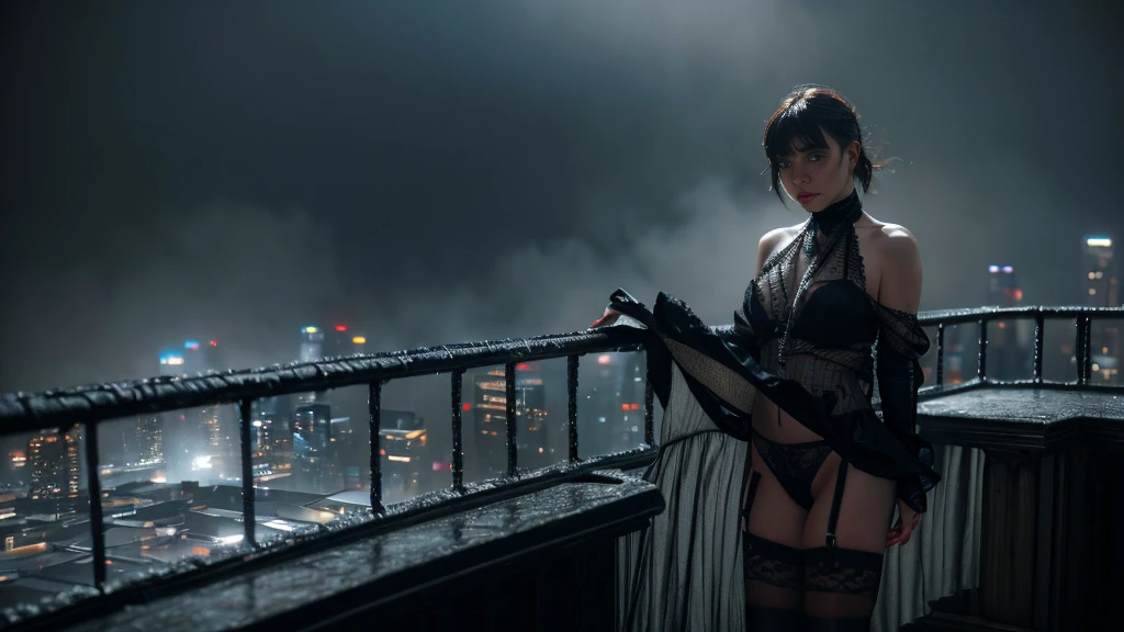 (Raw photography, 4K, masterpiece, hight resolution, very intricate), (Photorealsitic:1.4), Cinematic Lighting, at night, (((1Girl, solo))), solofocus, Wet, full body Esbian,large breasts, Chest exposed, cleavage of the breast, wide open ass, pubic hair, Slim waist, eyes are brown, ((masterpiece:1.2)), top-quality, top-quality, Official art,the Extremely Detailed CG Unity 8K Wallpapers, artbook, a picture, (Brown hair long hair), Hair disheveled, aerial view of cyberpunk city, Expressive Hues, Vibrant Palette, B deficiency and white clothes, (((matrix style black micro sunglasses))), (((aiming with a short gun))), (((looking at camera))), (((very low view))).