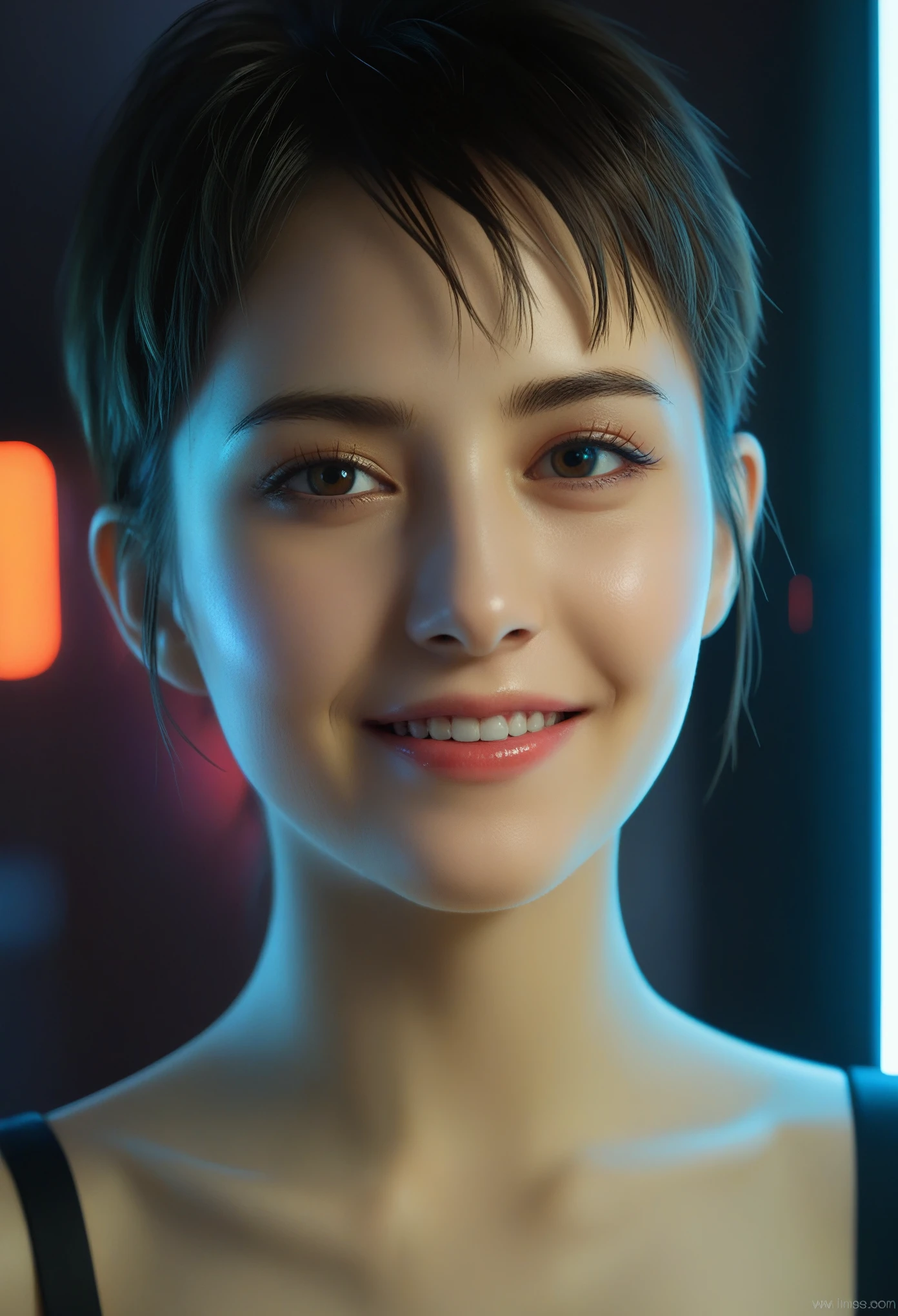 Detailed portrait cyberpunk (sks women) (20 year old sks women), Futuristic neon reflective clothing, sf, Robot parts, Ismail Inceoglu, Dragan Bibin, Hans Thoma, Greg Rutkowski, Alexandros Pilomaris, Necro, René Margit, An illustration, Perfect Face,  (short Hair), Matte skin, pores, Wrinkle, Ultra-detailed, Surreal,, Moody lighting, Hasselblad Award Winners, Soft Diffuse Lighting,  Grin,, Machine Face, The finer details, Realistic shadows, Complex, elegant,