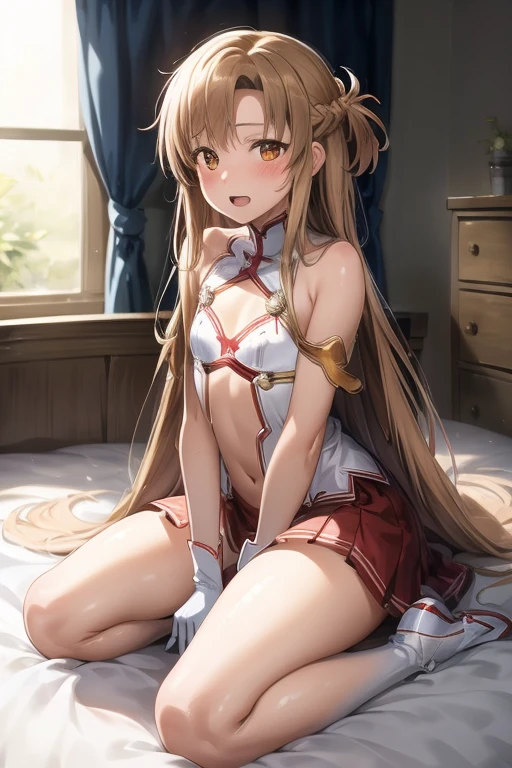 ((Highest quality)), ((masterpiece)), (be familiar with), Perfect Face, indoor, Bedroom, Watching the audience,
One woman, Yuuki Asuna,
Open Mouth, Ecstatic expression, blush, smile,
Small breasts, Flat Chest, , , , Girl,
Long Hair, Long Hair,
Leg spread,