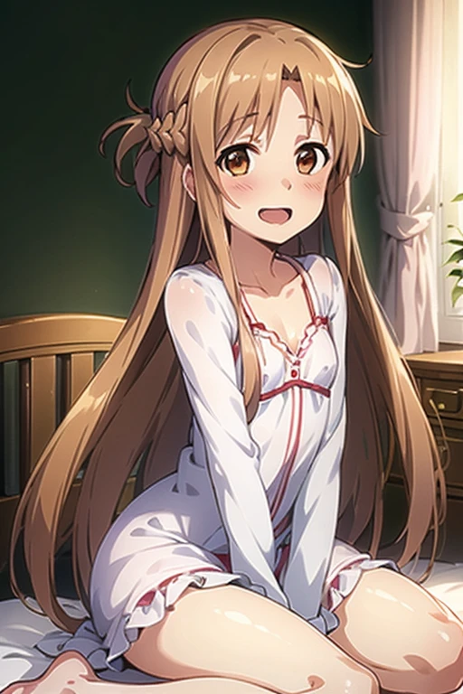 ((Highest quality)), ((masterpiece)), (be familiar with), Perfect Face, indoor, Bedroom, Watching the audience,
One woman, Yuuki Asuna,
Open Mouth, Ecstatic expression, blush, smile,
Small breasts, Flat Chest, , , , Girl,
Long Hair, Long Hair,
Leg spread,