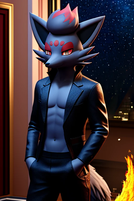 work of art, high qualiy, 4K, beautiful design, Ablaze, Furry, nine tail fox, zorua, male, Waering a Blazer, Showing extremely detailed chest, incredible, fine-details, hyperrealisti, 3d, octane rendering, standing alone, tecido Ablaze, posing in an apartment overlooking the starry sky, Black Embroidery