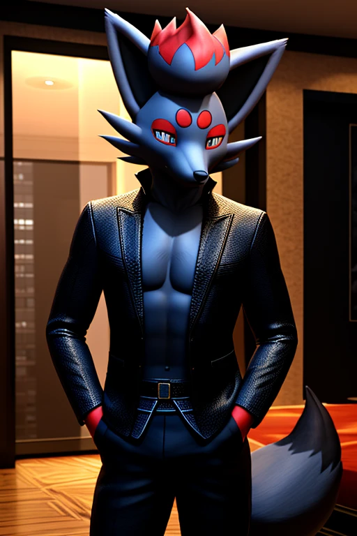 work of art, high qualiy, 4K, beautiful design, Ablaze, Furry, nine tail fox, zorua, male, Waering a Blazer, Showing extremely detailed chest, incredible, fine-details, hyperrealisti, 3d, octane rendering, standing alone, tecido Ablaze, posing in an apartment overlooking the starry sky, Black Embroidery