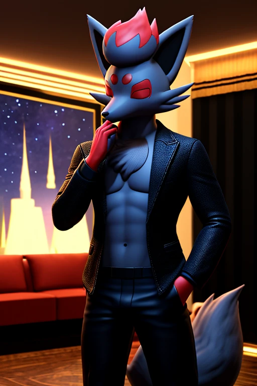 work of art, high qualiy, 4K, beautiful design, Ablaze, Furry, nine tail fox, zorua, male, Waering a Blazer, Showing extremely detailed chest, incredible, fine-details, hyperrealisti, 3d, octane rendering, standing alone, tecido Ablaze, posing in an apartment overlooking the starry sky, Black Embroidery