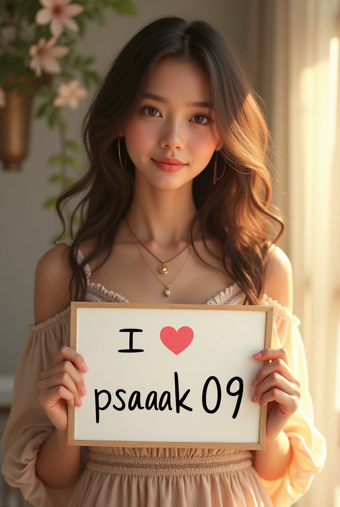 Beautiful girl with wavy long hair, bohemian dress, holding a white board with text "I love Dai Zhijie" and showing it to the viewer