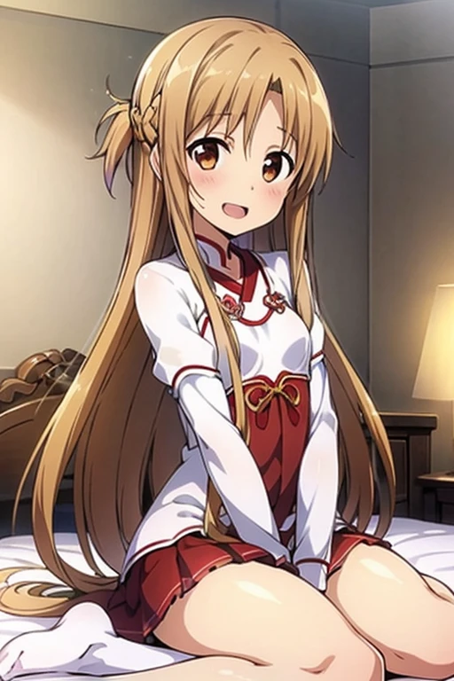 ((Highest quality)), ((masterpiece)), (be familiar with), Perfect Face, indoor, Bedroom, Watching the audience,
One woman, Yuuki Asuna,
Open Mouth, Ecstatic expression, blush, smile,
Small breasts, Flat Chest, , , , Girl,
Long Hair, Long Hair,
Leg spread,