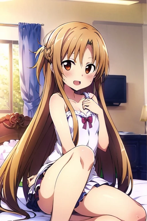 ((Highest quality)), ((masterpiece)), (be familiar with), Perfect Face, indoor, Bedroom, Watching the audience,
One woman, Yuuki Asuna,
Open Mouth, Ecstatic expression, blush, smile,
Small breasts, Flat Chest, , , child, Girl,
Long Hair, Long Hair,
Leg spread,