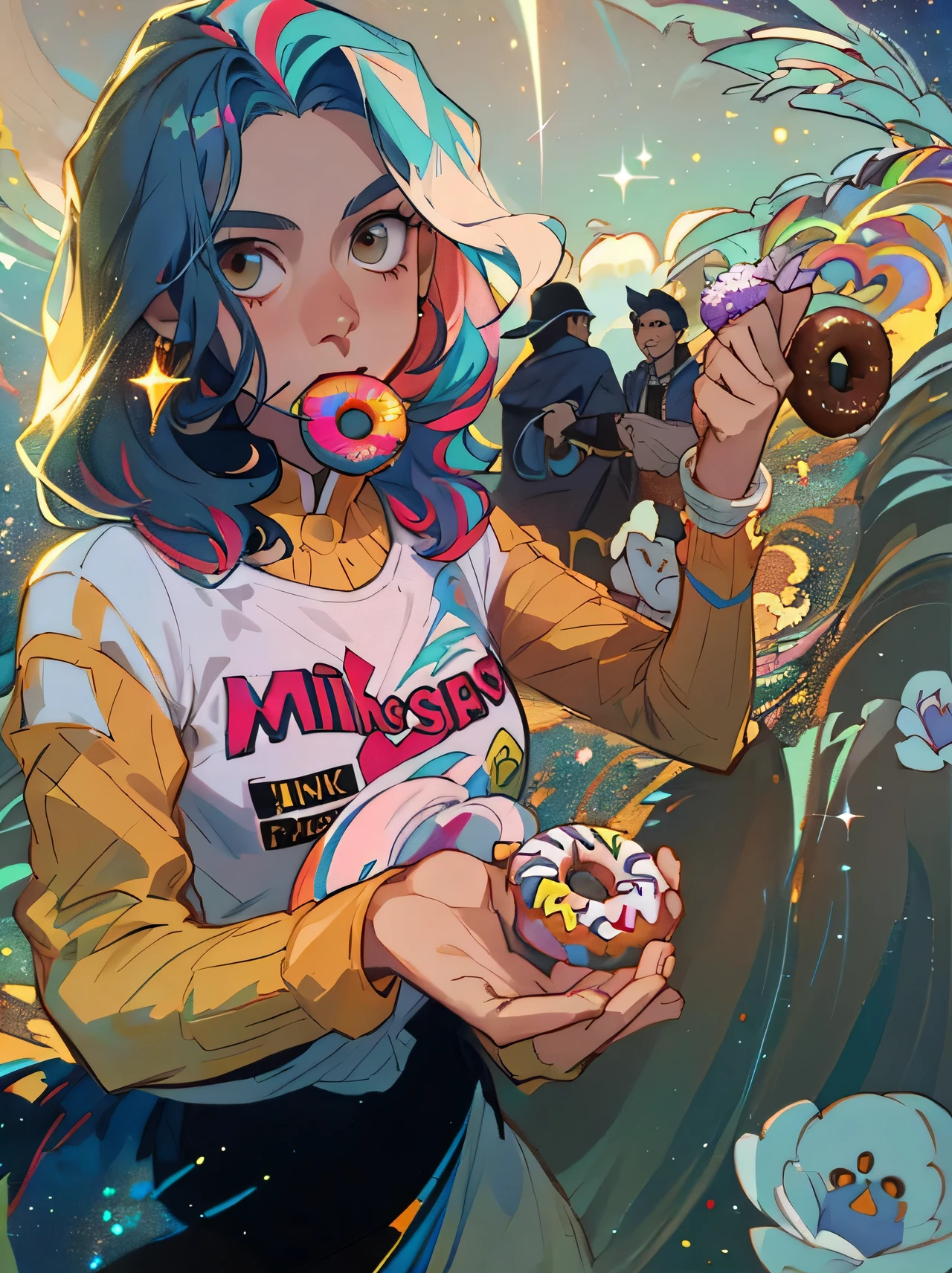 there is a girl that is holding a donut in her hand, by Samuel Silva, by Emerson Silva, by Judith Gutierrez, by Felipe Seade, by Amelia Peláez, by Viktor Oliva, by Nándor Katona, by Luis Miranda, by Niko Henrichon, by Gina Pellón, by david rubín, (Masterpiece), (best detail), (Best quality), Detailed facial features, milky ways, glitters, Particle, Wind, flower, hair adornments, multicolored hair, Solo, jewelry, Starry sky, sky, (stars), Milky Way, Young and good-looking