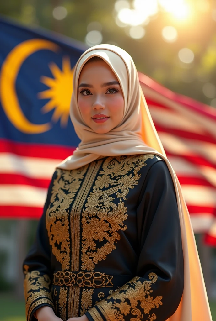 a girl student wear hijab take a malaysia flag