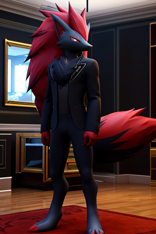 work of art, high qualiy, 4K, beautiful design, Ablaze, Furry, zoroark, nine tail fox, male, Waering a Blazer, Showing extremely detailed chest, incredible, fine-details, hyperrealisti, 3d, octane rendering, standing alone, tecido Ablaze, posing in an apartment overlooking the starry sky, Black Embroidery