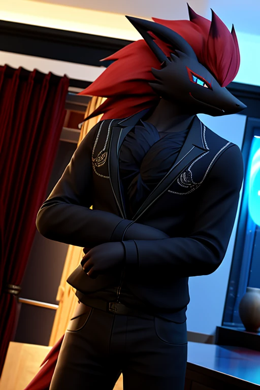 work of art, high qualiy, 4K, beautiful design, Ablaze, Furry, zoroark, nine tail fox, male, Waering a Blazer, Showing extremely detailed chest, incredible, fine-details, hyperrealisti, 3d, octane rendering, standing alone, tecido Ablaze, posing in an apartment overlooking the starry sky, Black Embroidery