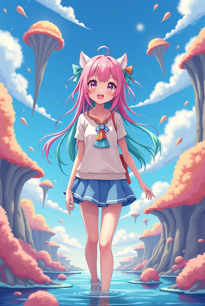 A nude light-green-skinned girl with pink hair, cat ear, long hair, two pigtails, frolicking through a field of beautiful rainbow-colored flowers