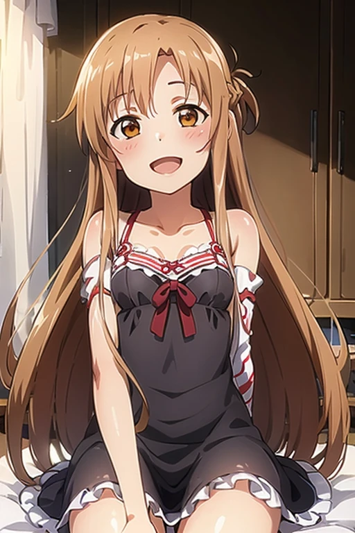 ((Highest quality)), ((masterpiece)), (be familiar with), Perfect Face, indoor, Bedroom, Watching the audience,
One woman, Yuuki Asuna,
Open Mouth, Ecstatic expression, blush, smile,
Small breasts, Flat Chest, , , child, Girl,
Long Hair, Long Hair,
Leg spread,