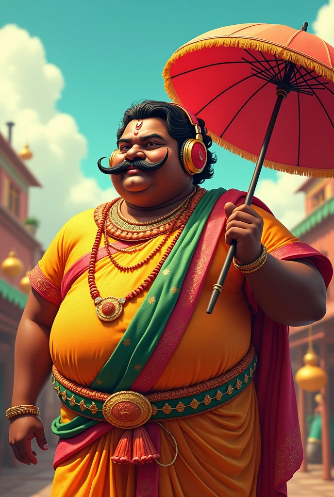 Kerala background with Maveli big stomach with plam umbrella with dhoti kerala style full of gold ornaments with sunglasses with crazy movement