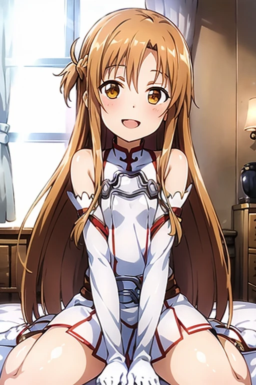 ((Highest quality)), ((masterpiece)), (be familiar with), Perfect Face, indoor, Bedroom, Watching the audience,
One woman, Yuuki Asuna,
Open Mouth, Ecstatic expression, blush, smile,
Small breasts, Flat Chest, , , child, Girl,
Long Hair, Long Hair,
Leg spread,