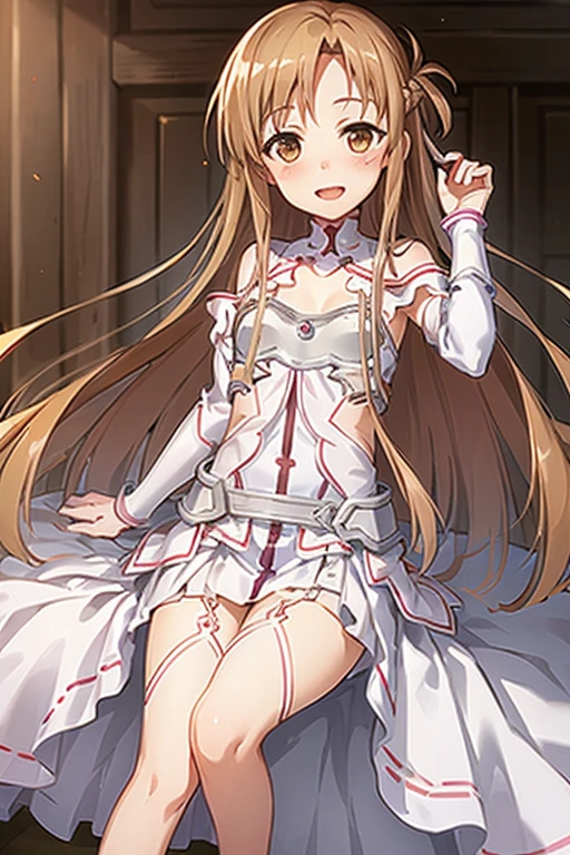 ((Highest quality)), ((masterpiece)), (be familiar with), Perfect Face, indoor, Bedroom, Watching the audience,
One woman, Yuuki Asuna,
Open Mouth, Ecstatic expression, blush, smile,
Small breasts, Flat Chest, , , , Girl,
Long Hair, Long Hair,
Leg spread,