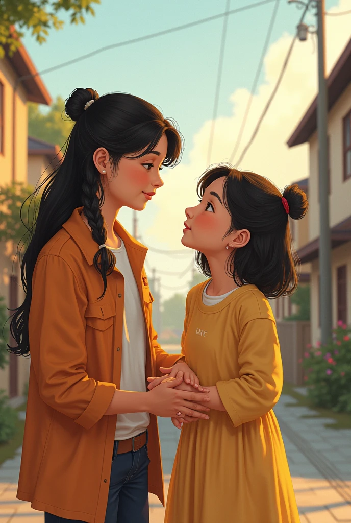 A 15-year-old girl walking down the street with baby in her arms in a fanny pack, The baby looks at her smiling while she looks at him fondly. The street is full of cars and in the background you can see a school. Drew high quality, estilo anime.