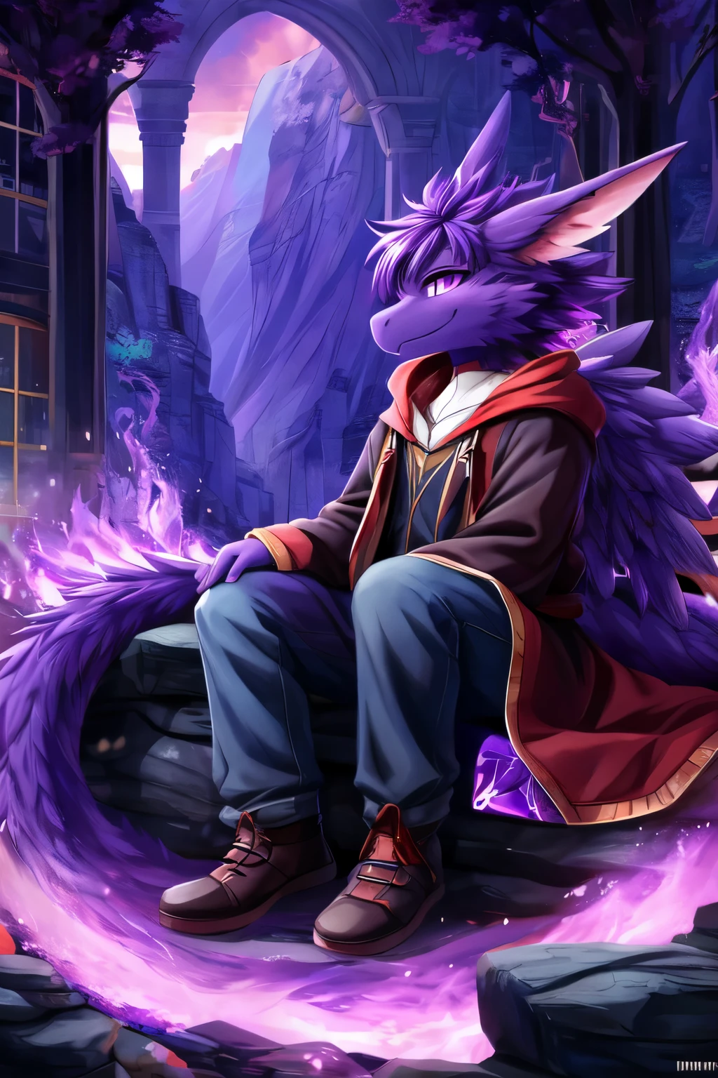 ((Masterpiece)),((best quality))solo,femboy,dragon,shark,hybrid,green eyes,purple skin,long purple hair,rain