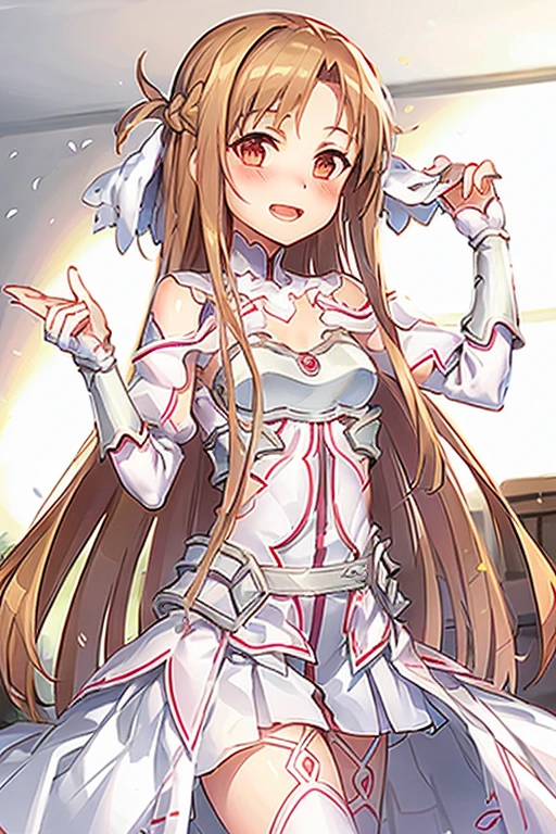 ((Highest quality)), ((masterpiece)), (be familiar with), Perfect Face, indoor, Bedroom, Watching the audience,
One woman, Yuuki Asuna,
Open Mouth, Ecstatic expression, blush, smile,
Small breasts, Flat Chest, , , child, Girl,
Long Hair, Long Hair,
Leg spread,