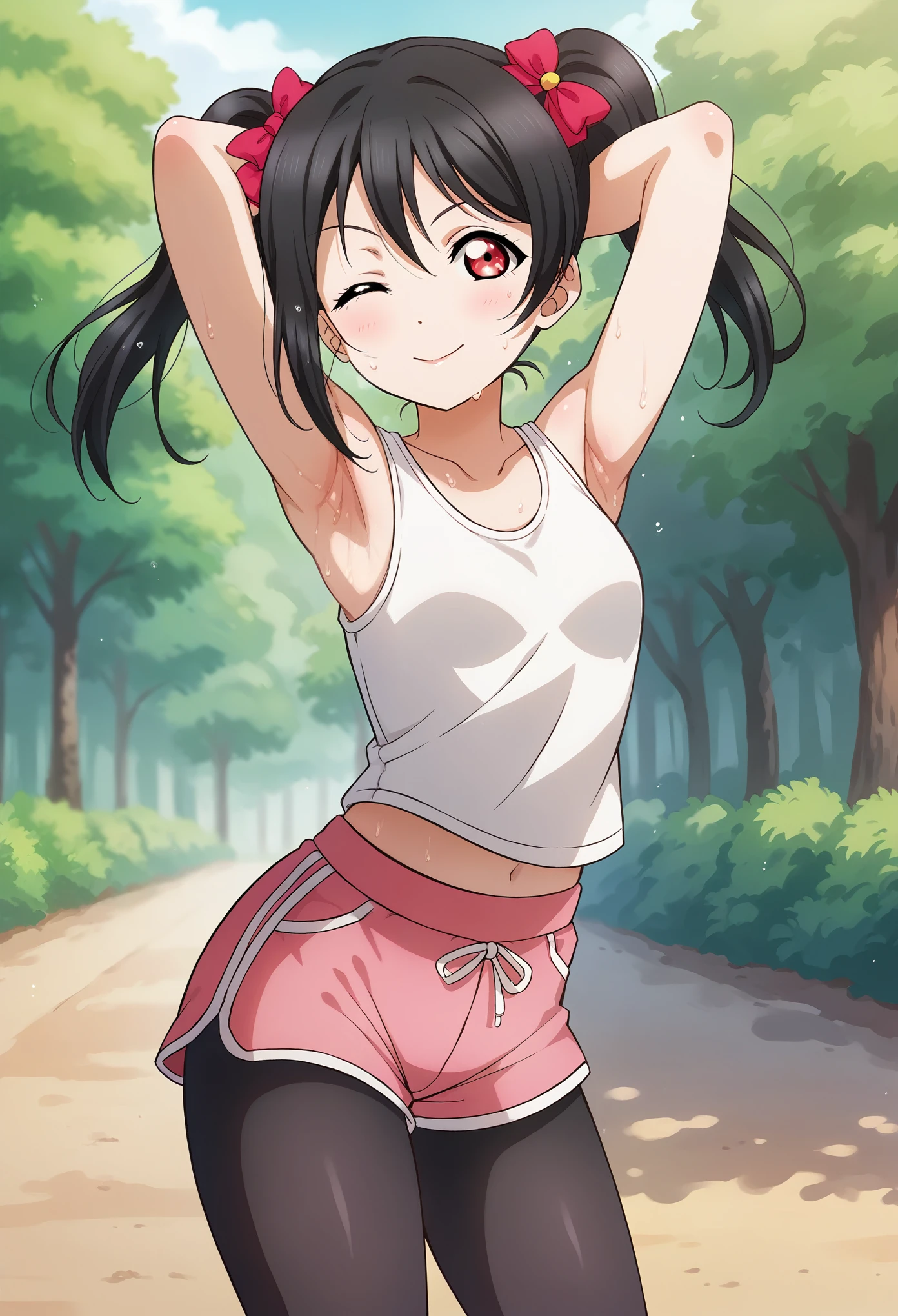 masterpiece, best quality,8k wallpaper , cowboy shot, love live art style, front view,yazawa nico love live, black hair, medium twintails, (red eyes), standing,pink hot shorts, white tank top, outdoors ,skin tight clothes, front view,yoga pose, standing, thighs,arms up behind head, sweating,sweaty armpits,wink, black pantyhose 