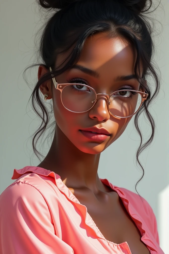 1girl, solo, breasts, cleavage, long_hair, lips, brown_hair, glasses, parted_lips, realistic, looking_at_viewer, dark_skin, upper_body, tinted_eyewear, wind, dark-skinned_female, brown_eyes, medium_breasts, large_breastsQuality, UHD, Best Quality, Long Hair,
