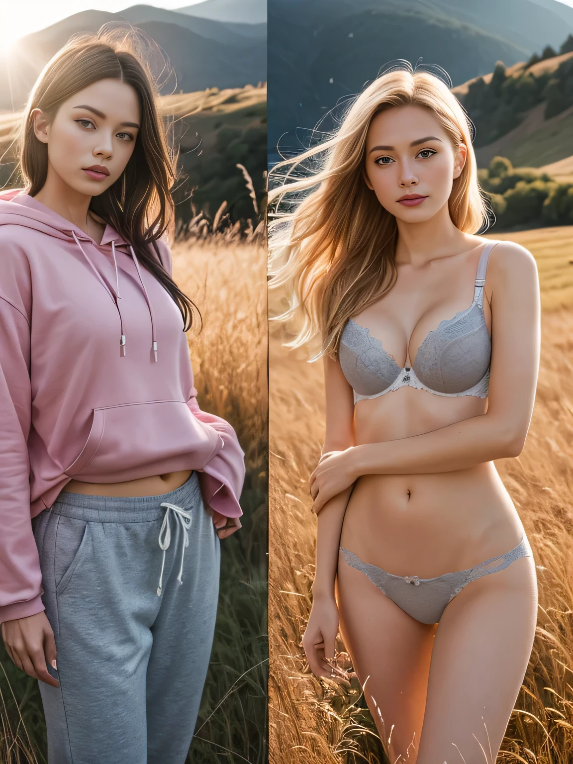 Three panel side-by-side photos of a woman wearing a pink hoodie and gray sweatpants, left side clothed, in the middle wearing bra and panties, right side fully naked, windblown blonde hair, clothed and nude, outdoors, field of grass, mountains and hills in the background, sunset, lens flare