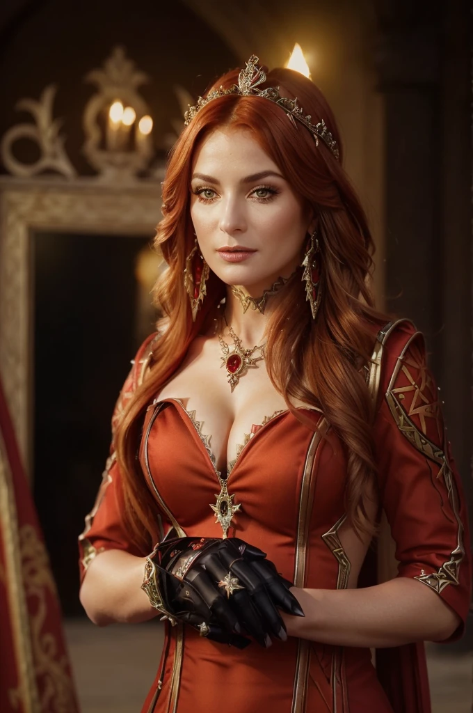 a woman in a red dress is posing for a picture, as a medieval fantasy character, medieval princess, in a red victorian era dress, gorgeous woman, beautiful maiden, redhead queen in heavy red armor, shallan davar, alluring mesmer woman, cattie - brie of mithril hall, dressed in a medieval lacy, carmilla vampire, cleavage,  realistic, Portrait photo shoot, looks at the camera, shot on Nikon AF-S NIKKOR 14-24mm f/2.Объектив 8G ED,  yellow eyes, medium breast, movie style, Mavuika (Genshin Impact), fire from behind, fine face, dark fantasy, dark and mysterious atmosphere, looking at viewer, (ultra-high detail:1.2), Masterpiece, Best Quality, Ultra-detailed, delicate features, Professional photography of a stunning and detailed woman, clear focus,