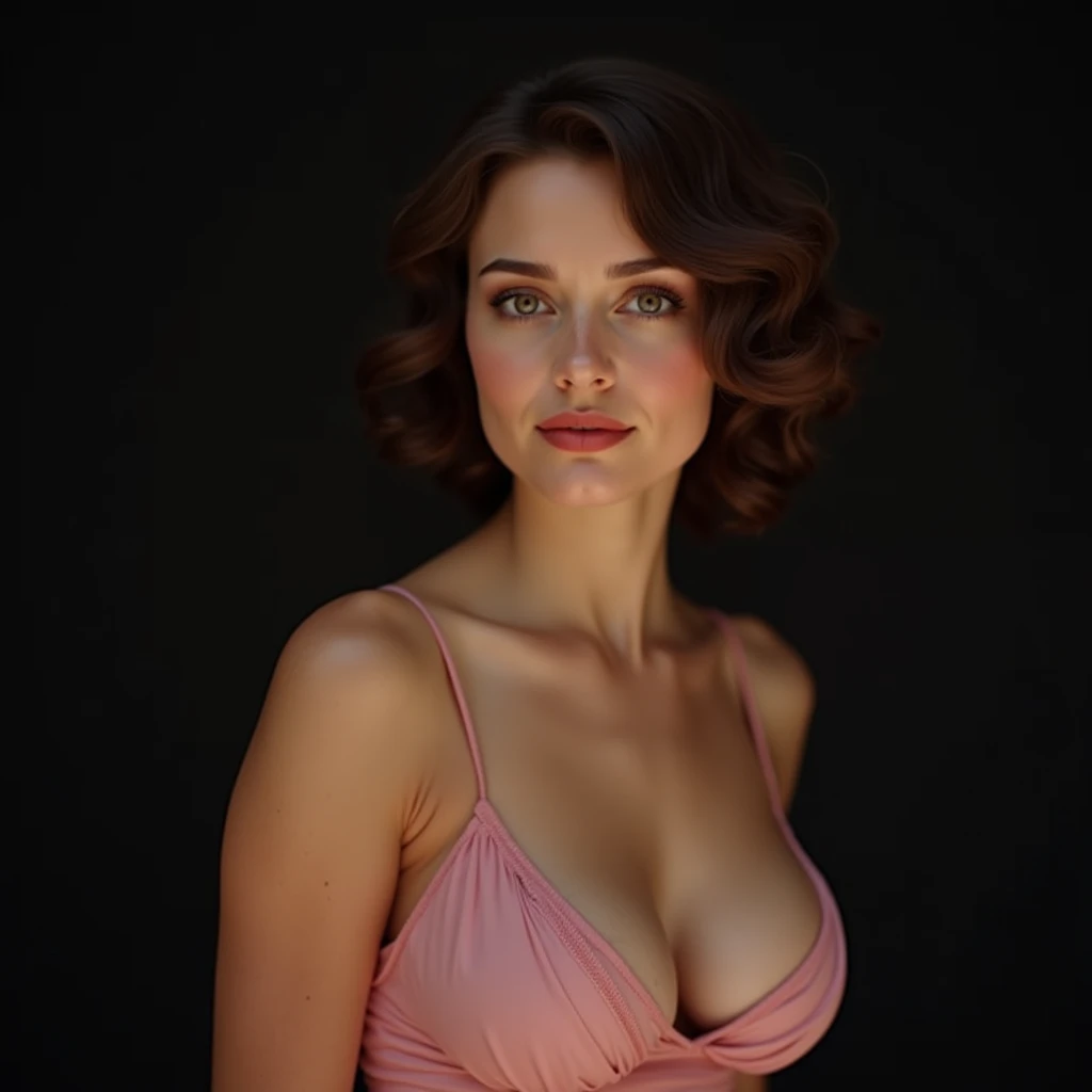 Lucy Pinder, smiling, chubby woman, neckline, ((Very intense Makeup)), Adele, red hair, hair tied in a chignon, lace dress, pink dress, singing