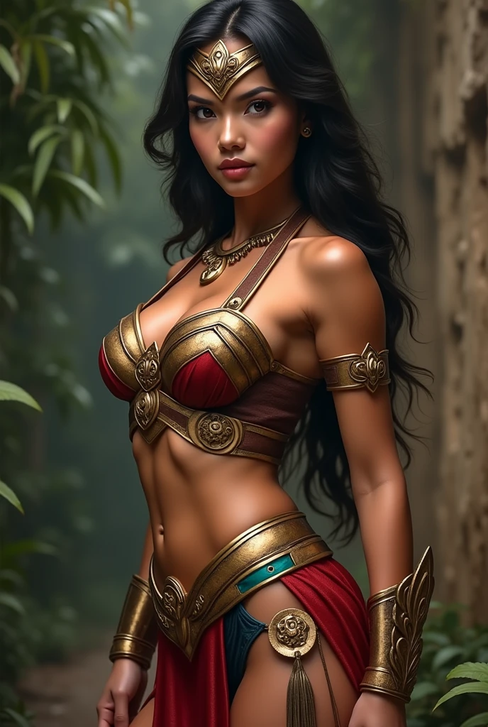araffe woman in a bikini posing with a sword and a sword, a portrait inspired by Pu Hua, trending on Artstation, fantasy art, indian goddess, bodybuilder superhero bikini, goddess. extremely high detail, asian hyperdetailed, muscular girl, epic 3 d oshun, indian empress, extremely detailed goddess shot, muscular warrior women, muscular ultraviolent woman
