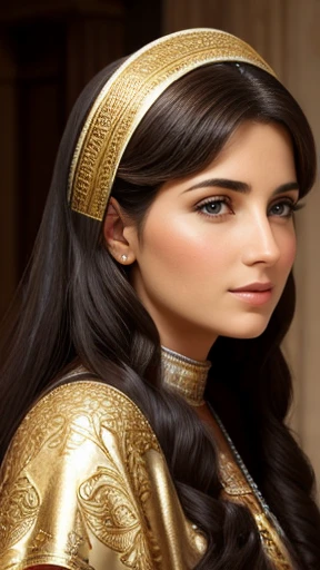 italian model, medieval, costume, brunette , long hair, sides view