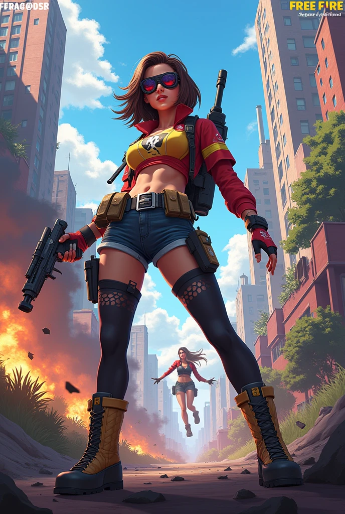a cyberpunk type girl looking straight ahead with her arms spread full body