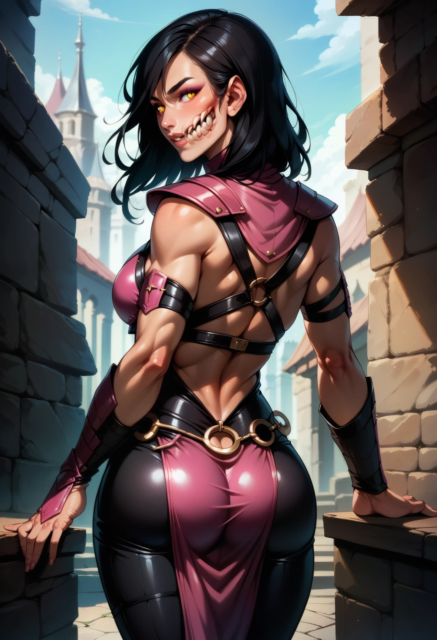 score_9, score_8_up, score_7_up, BREAK, score_9, Mileenamk10, Mileena, black hair, medium hair, yellow eyes, slit pupils, glowing eyes, lips, exposed cheek, extra teeth, hair over one eye, pink top, o-ring, stitched, leather armor, tight black pants, pelvic curtain, sash, chain belt, cowboy shot, small ass, looking back, from behind, dungeon
