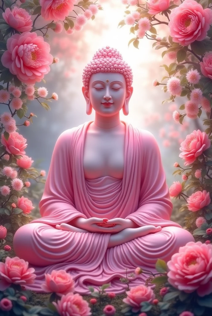 "A large Buddha statue in a serene pose, but with a unique twist: the statue is styled as a young girl and painted in shades of pink. The girl Buddha has soft, flowing hair, a gentle smile, and wears a traditional robe that also incorporates pink hues. The background features a peaceful temple setting with cherry blossoms."