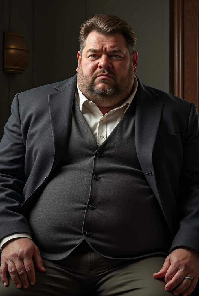 American,Troubled face,obesity,Bookshelf,Sit on a chair,Englishman,50 years old,brown casual suit