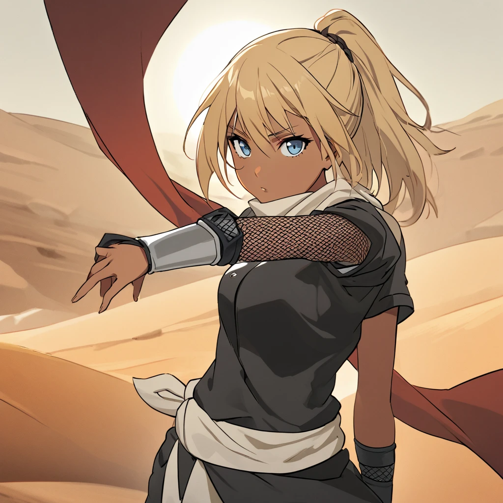 **236. One person。Desert female bandit fight scene。In the scorching desert。Cowboy shot or close-up。
masterpiece, best quality, ultra detailed (Detailed fingers), (Emotional), (Breathtakingly beautiful),
(main part: 1.2 Whole body。), (Anime Style), (Very detailed), (Controlling the power of sand),
(超High resolution, High resolution), (8k), (High resolution: 1.2), (Complex and beautiful: 1.2)**
- background: Endless Desert、The burning sun shines down。
- Desert Thief: Dressed in sand-colored cloth、Controlling the power of sand少女、Create a sandstorm。
-pose: Kilning up sand、The moment the enemy disappears from sight。
-expression: Invincible smile、As elusive as sand。
- Effects: A sandstorm engulfs the enemy.、Take away my vision、Attacking Effects。
-color: Gold and brown sand colors、A contrast that symbolizes the heat and harshness of the desert。