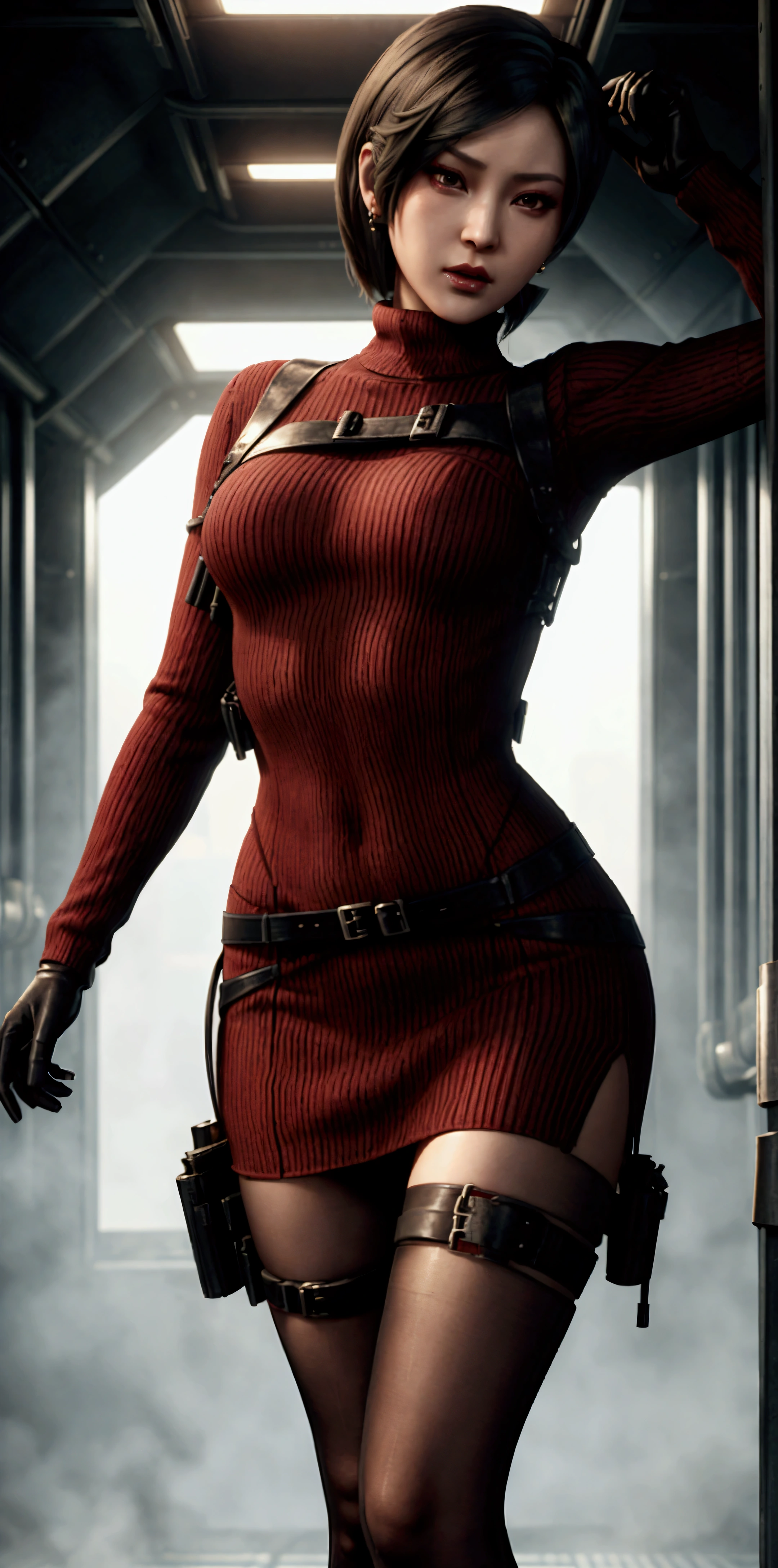 ada wong, torn sweater like a dress, sexy pose, thin narrow waist, open legs, realistic skin, earrings, short gloves covered arms, underground biolaboratory background, military belts, resident evil style, open belly, open shoulders