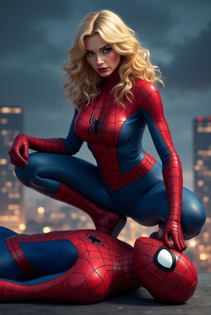 Amazing portrait that is highly dramatic and cinematic showing her full body of a girl in a short Spider-Man dress with blonde hair color from the Spider-Man parallel universe of Marvel she's Spidey sitting in the couch with dynamic poses and in exceptional detail and the lighting effect is outstanding and she stands out from the crowd as the focus is on Spider-Man with complex spider textures