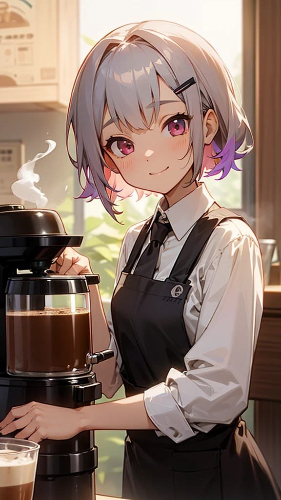 Girl working in a coffee shop、Brewing coffee in a coffee maker、Expressive eyes、Brown apron、Inside the coffee shop、Silver and bob short hairstyle、Tie your hair up with a hair clip、Pink Eyes、Laughter、smile、Upper body close-up、Flowers in a vase、 Perfect lighting、Warm colors、White shirt、Barista、soft、Vibrant colors、Bokeh、(The perfect coffee machine)、There is a coffee machine on the table、Steam coming out of the cup、Delicious coffee