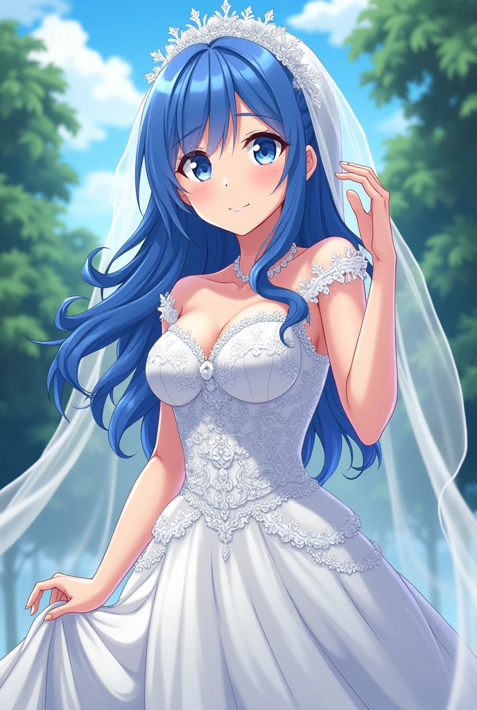 masterpiece, best quality, highres, wedding dress, white dress, garden, holding bouquet, confetti,Shoulder Bare、midriff peek、bare legs、very Long veil、(She showed off her white panties:1.5)、smile、((Glowing Skin;1.2))、cameltoe、Takao
