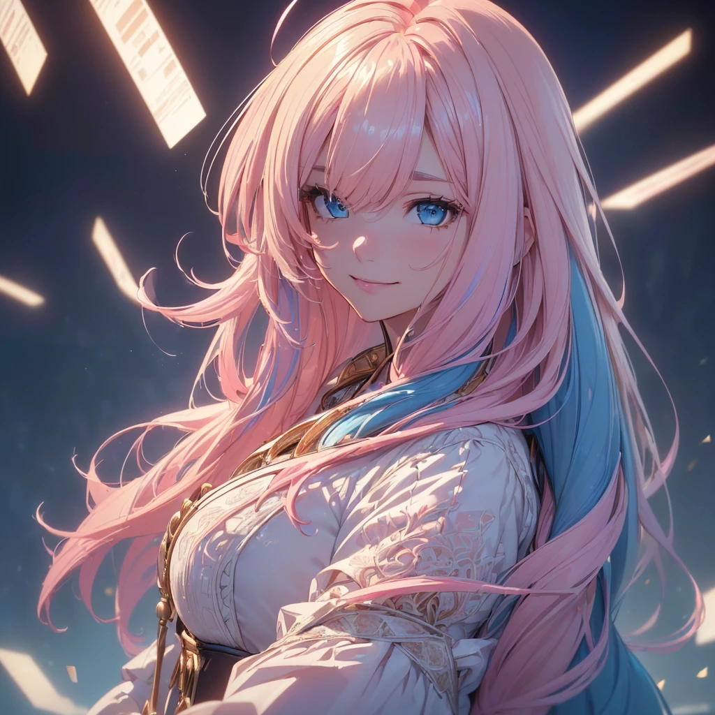 "A close-up anime portrait of Arona, a young girl with long pink hair and bright blue eyes. In this scene, Her eyes are heart-shaped and her face is blushing., expressing a deep infatuation. The view is from the neck up, highlighting his expressive face, with her hair flowing softly and framing her face. The background is abstract and colorful, with soft tones that complement her pink hair, accentuating the romantic atmosphere of the scene."