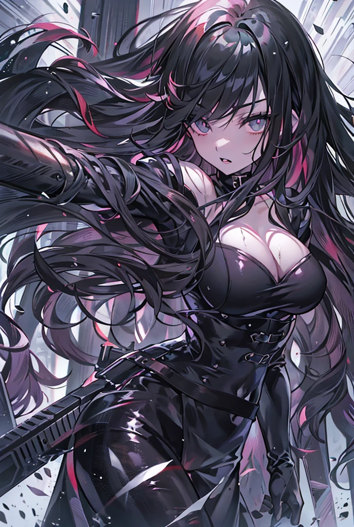 masterpiece, best quality, (extremely detailed CG unity 8k wallpaper), (best quality), (best illustration), (best shadow), absurdres, realistic lighting, (Abyss), beautiful detailed glow, 1 girl, teenager, sleeveless plain T-shirt, semi-opaque waist high leggings, sleek dark violet-black hair, waist length flowing hair, big and dark round velvet colored eyes(dark red and purple), fringe bangs, oval shaped face, sharp facial features, full cherry pink lips, medium height, slender and slim body type with delicate curves, hip level shot.