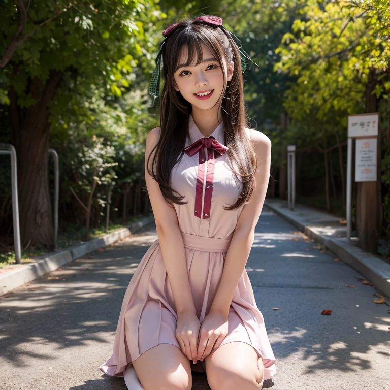 Pink dress, masterpiece, best quality, 1gir, Adult japanese, Sitting, Bench, night, Park, trees, Bokeh, realistic, hd, Lace, <lora:Amioko-OC:0.6>, Amioko-OC, Black eyes