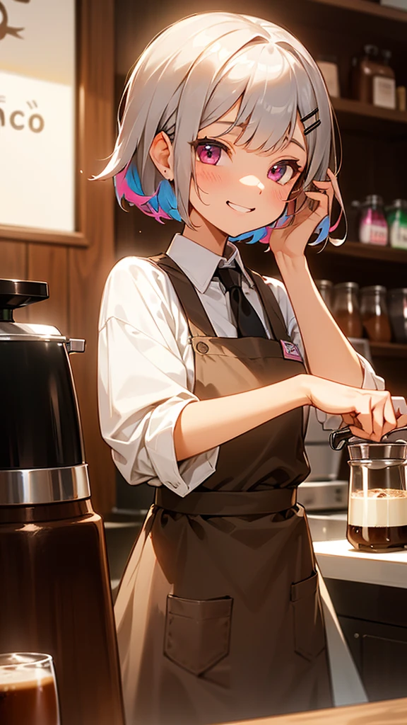 Girl working in a coffee shop、Brewing coffee in a coffee maker、Expressive eyes、Brown apron、Silver and bob short hairstyle、Tie your hair up with a hair clip、Pink Eyes、Laughter、smile、Cowboy Shot、Perfect lighting、Warm colors、White shirt、Barista、Vibrant colors、Bokeh、(The perfect coffee machine)、Delicious coffee