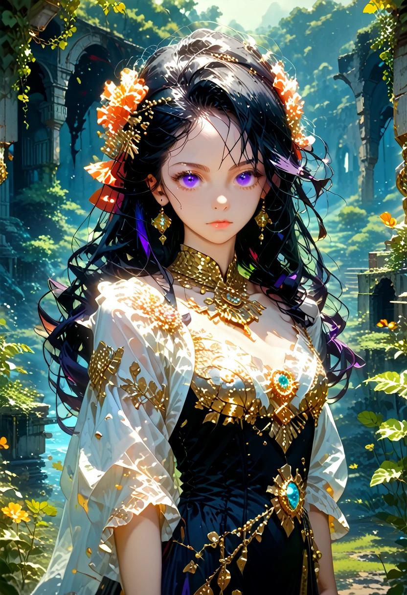 Anime girl, gorgeous, sexy, Ideal Anatomy, Lush Long Very Black Hair Color Black, Big Beautiful Purple Eyes, Vines and Lianas, Ancient ruins, month, grass, Ruins, Unknown Plants Many, Various Plants, Unusual Plants, Dressed in Fashionable Youthful Outfit, barrette, Very Beautiful and Colorful, there are decorations, The moon is visible, Moonlight Falls on the Girl, Dynamic shadows, many small details, Various Small Stuff, gold jewelry, Beckons, temptation, Clear, Well-Detailed Picture, complex picture, masterpiece, Maximum Quality, full detailed, score_9, score_8_up, score_7_up, dramatic lighting, highly detailed, high budget, bokeh, cinemascope, moody, epic, gorgeous, film grain, grainy, masterpiece, best quality, perfect anatomy, very aesthetic, official art, 8k, Shine, novuschroma70 style, magic of painting, Nice Colors Shadows, 