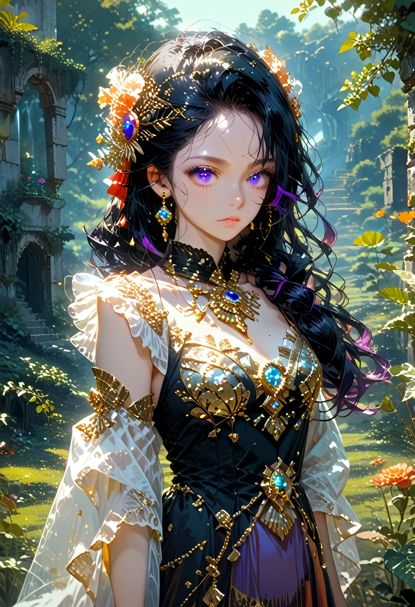 Anime girl, gorgeous, sexy, Ideal Anatomy, Lush Long Very Black Hair Color Black, Big Beautiful Purple Eyes, Vines and Lianas, Ancient ruins, month, grass, Ruins, Unknown Plants Many, Various Plants, Unusual Plants, Dressed in Fashionable Youthful Outfit, barrette, Very Beautiful and Colorful, there are decorations, The moon is visible, Moonlight Falls on the Girl, Dynamic shadows, many small details, Various Small Stuff, gold jewelry, Beckons, temptation, Clear, Well-Detailed Picture, complex picture, masterpiece, Maximum Quality, full detailed, score_9, score_8_up, score_7_up, dramatic lighting, highly detailed, high budget, bokeh, cinemascope, moody, epic, gorgeous, film grain, grainy, masterpiece, best quality, perfect anatomy, very aesthetic, official art, 8k, Shine, novuschroma70 style, magic of painting, Nice Colors Shadows, 